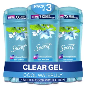 Secret Fresh Antiperspirant and Deodorant for Women, 48hr Freshness, Sweat & Odor Protection, PH Balancing Minerals, Clear Gel, Waterlily Scent, 2.6 oz (Pack of 3)