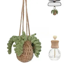 Car Air Freshener, Car Air Hanging Fragrance Oil Diffuser, Empty Refillable Car Diffuser Bottle with Cute Potted Plants, Car Mirror Hanging Accessories, Car Interior Diffusers