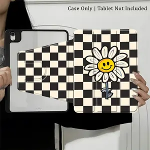 Black White Checkerboard Smiley Daisy Tablet Case Cover, 360° Swivel Shockproof Protective Folio with Pen Slot, Ultra-Slim Anti-Scratch Stand Protector, Fits 12.9/13 inch iPad, Cute Gift for Women Girls