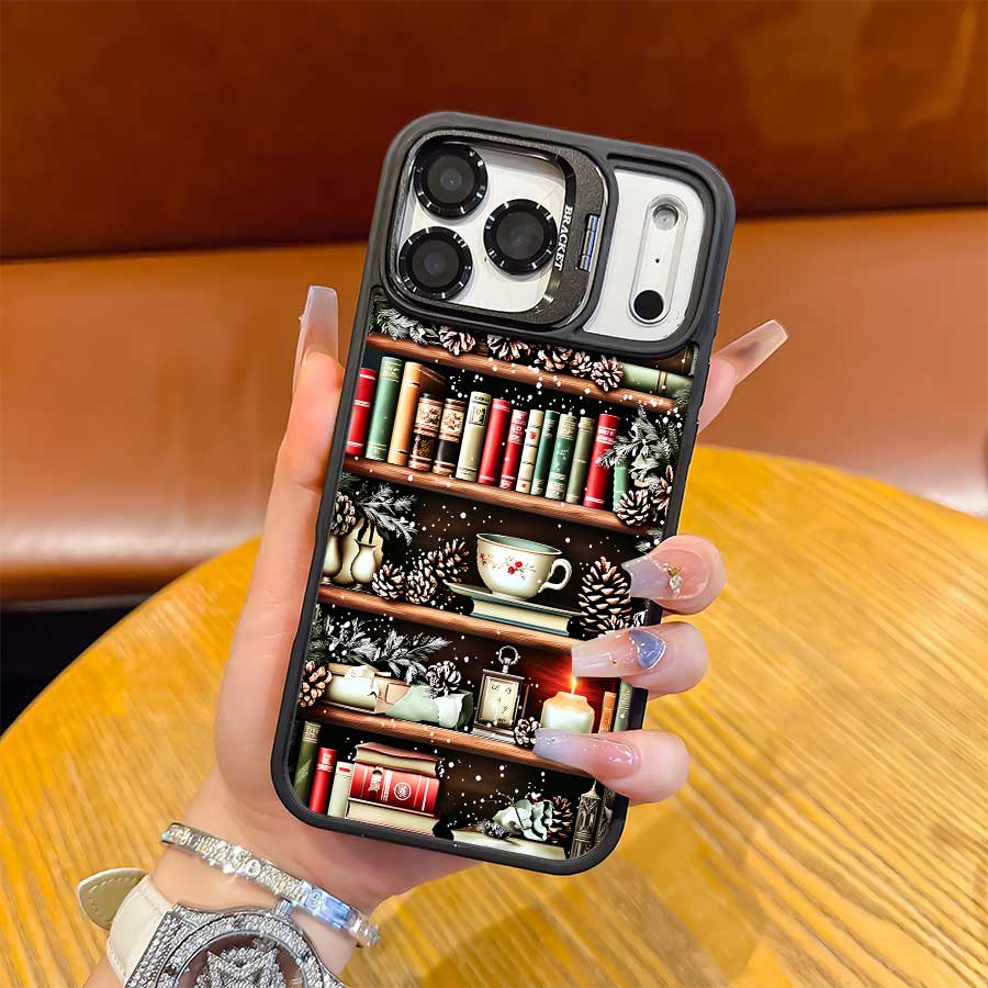 TPU Shockproof Transparent Phone Case with Orange Lens Bracket, Vintage Christmas Bookshelf-Books-Teacup-Candle Print, Fashion Versatile Protective Cover for Multiple iPhones (17 Pro Max,16,16 Plus,15,14,13,12), Ideal Holiday Gift