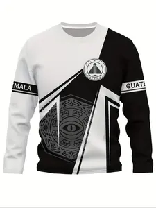 Men's Guatemala Style Ethnic Graphic Print Tee Shirt, Round Neck Long Sleeve Streetwear T-Shirt, Spring & Fall Casual Sporty Wear, Stretch Polyester Blend Fabric