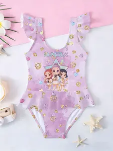 Girls' One-Piece Swimsuit Huntr/x Girl Group Q Version Printed Heart Pattern Colorblock Flutter Sleeves Ruffle Pool Beach Style Swimwear Bathing Suit