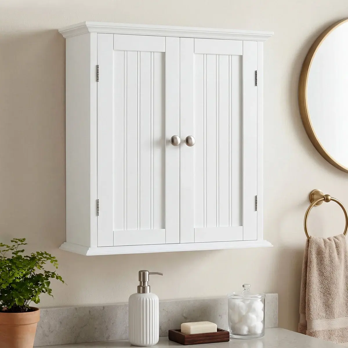 Classic Aesthetic Organizational Wall Cabinet - Floating Wall-Mounted Compact Enclosed Wood Furniture with Fixed Shelves, Magnetic Catch, Metal Handles, Dust-Proof, Assembly Required, Non-Plastic Door, Non-Locking for Bathroom, Bedroom, Aesthetic Or