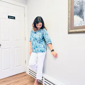 Short Kurti and Plazo - Blue Top with White Pants as Shown in the Picture