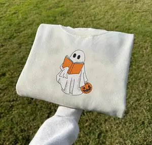 Embroidered Ghost Reading Book Sweatshirt, Halloween Shirt, Cute Ghost Sweatshirt Crewneck