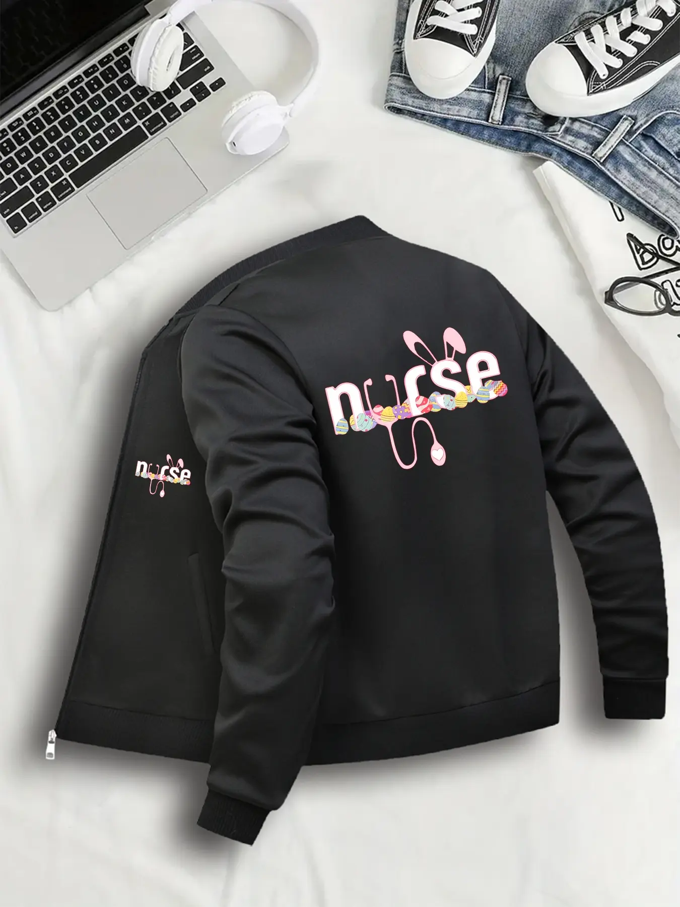 Women's Christmas Graphic Print Zipper Bomber Jacket, Casual Fitted Design, Lightweight, All Seasons Wear, Sizes S-Xxl