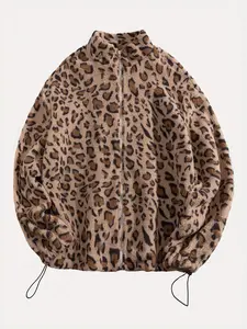Women's Casual Leopard Print Faux Fur Long Sleeve Loose Coat, Warm Plush Outerwear for Winter, Trendy Lamb Fur Jacket