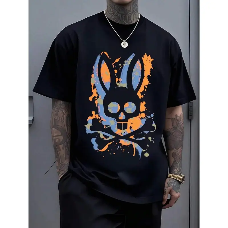 Women's Graphic T-Shirt,Casual Top with Colorful Skull Rabbit Head & Crossed Bones Design, Rock-Inspired Edgy Look for Distinctive Style, Graphic T Shirts, Women's T Shirts