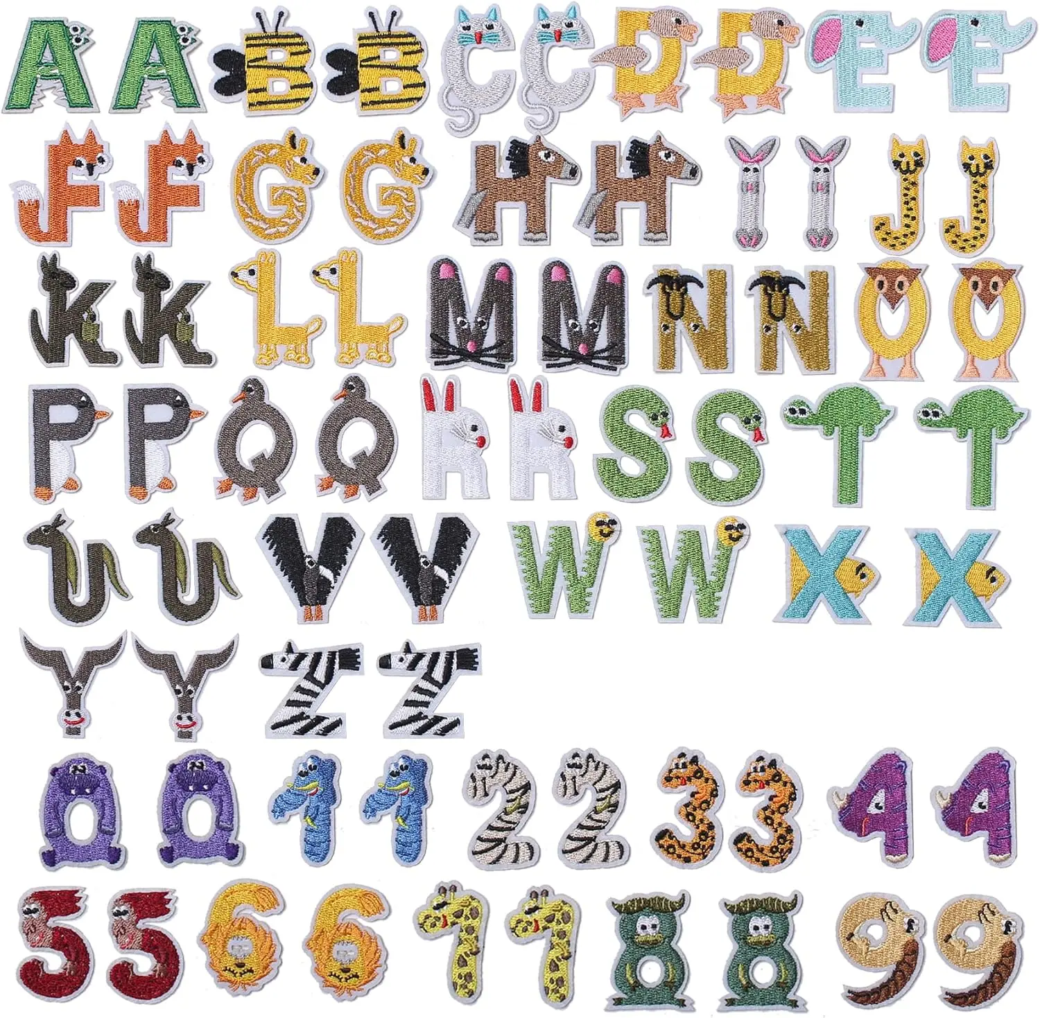 72-Piece Lettered Embroidery Patches Set - Animal Alphabet A-Z, Number 0-9, Iron-On/Sew-On Sewing Appliques for Clothes, Hats