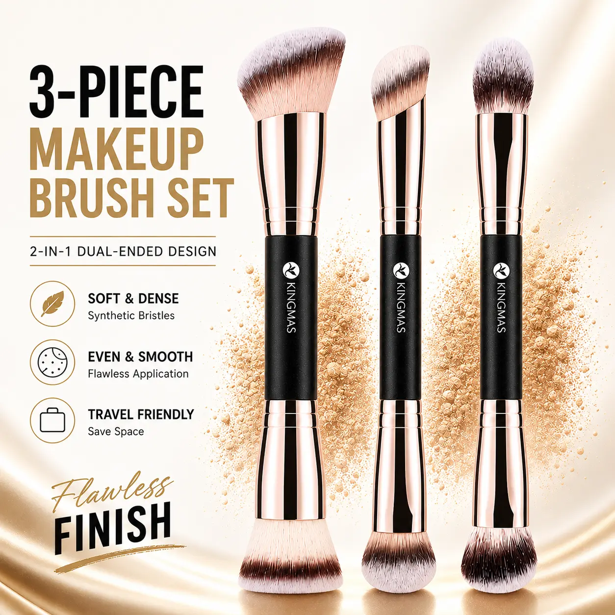 KINGMAS 3PCS Dual-Ended Makeup Brush Set, 6-in-1 Ultra Soft Face Brushes for Foundation, Contour, Blush & Highlight, Flawless Everyday Makeup