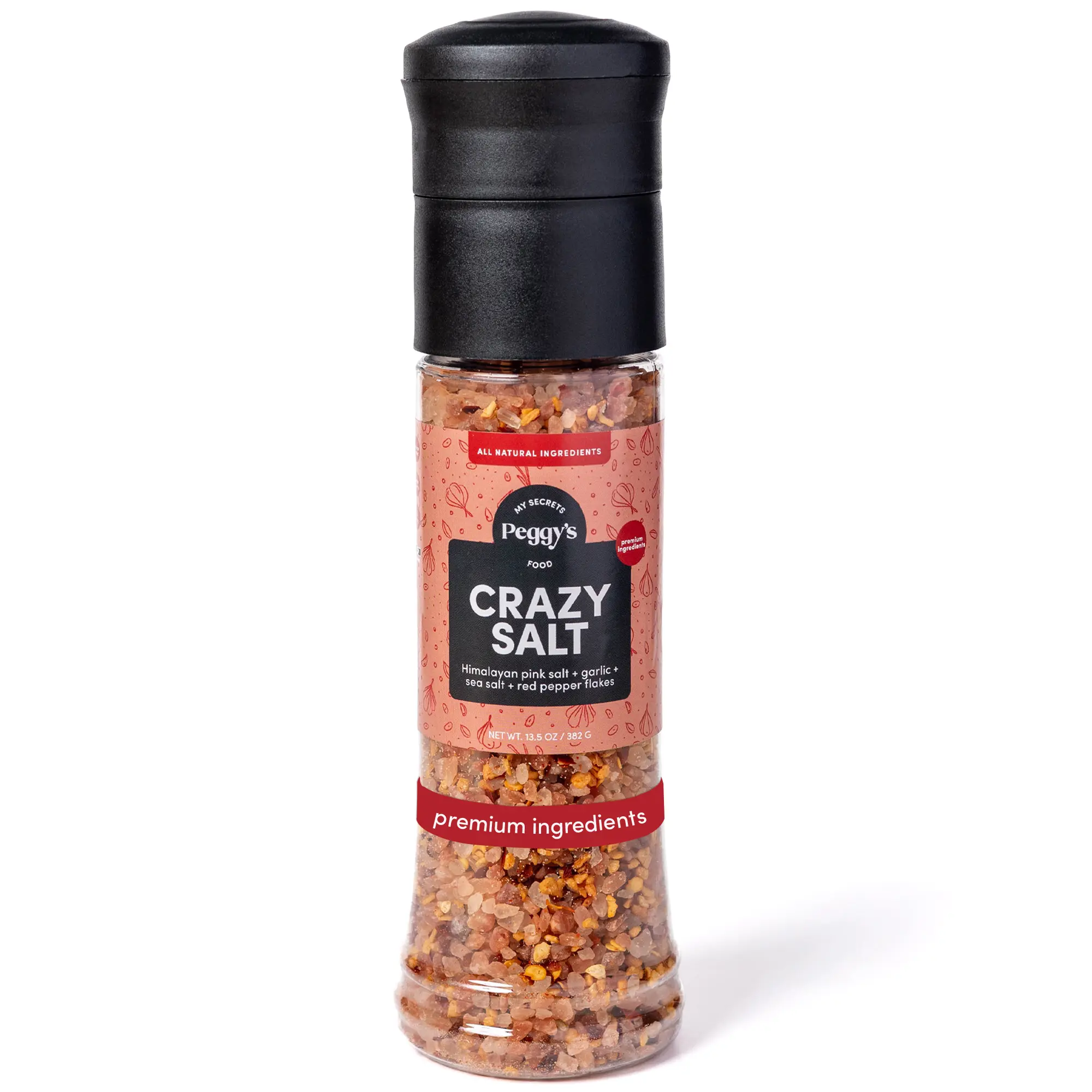 My Secrets Peggy's Food Crazy Salt — Himalayan Pink Salt with Garlic & Red Pepper Flakes, Fine Grain Gourmet Seasoning, No Additives, 13.5 oz