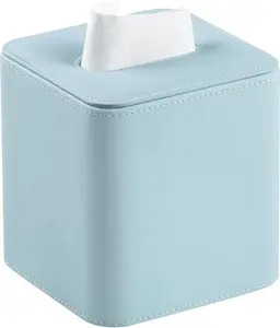 PU Tissue Box Cover with Closure, Square Tissue Box Holder with Rounded Edges (Blue, Square)