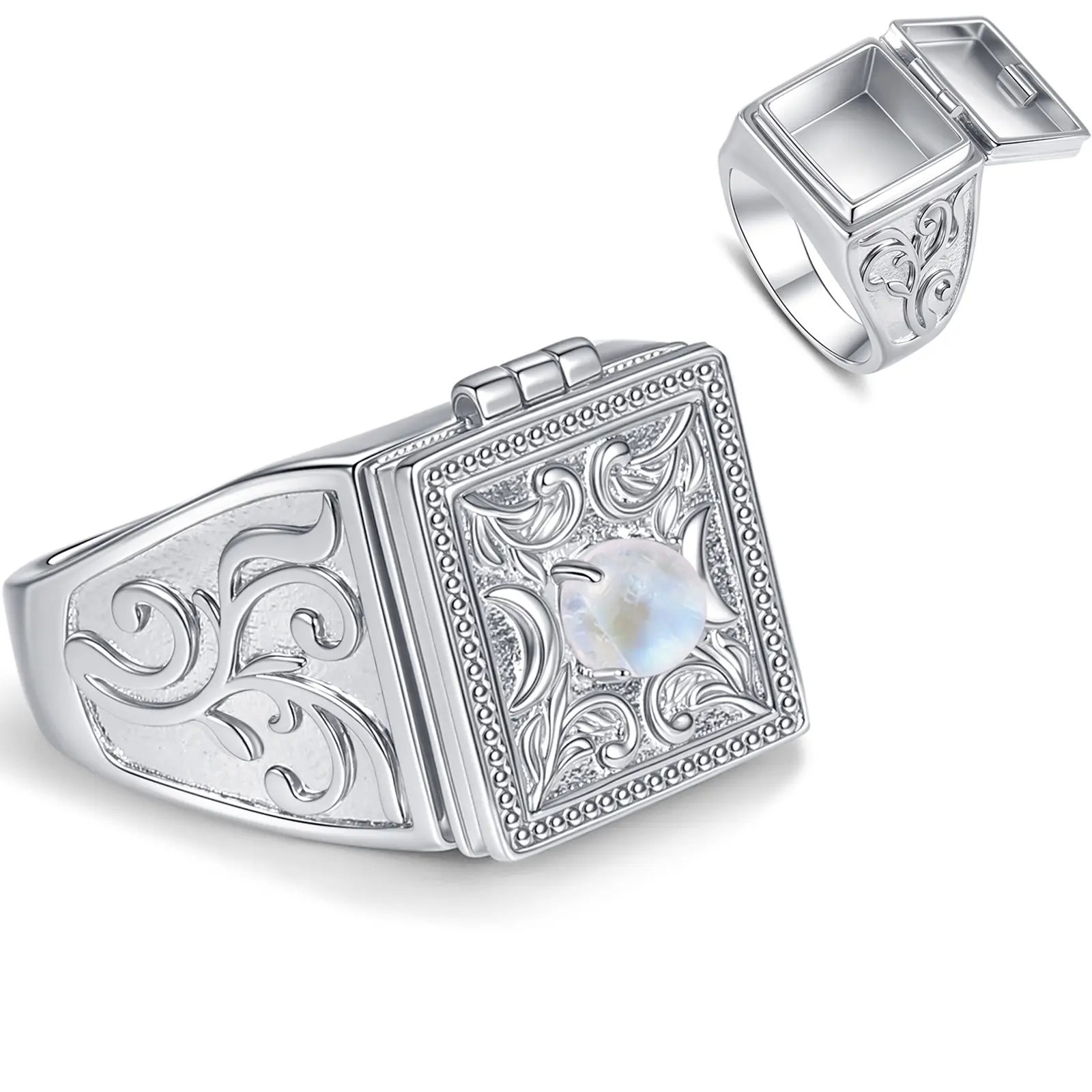 IXLUCK Women's Statement Astrology Ring, Carved Triple Moon Poison Locket with Blue Flash Moonstone, Meaningful Gifts, Antitarnish Plated Rings, Hypoallergenic, Witchy Rings, Tarnish Free Rings