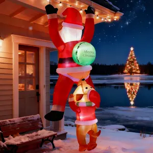 AMUNDO 6FT Hanging Christmas Inflatables Climbing Santa with Dog LED Lights for Indoor & Outdoor Use Polyester Construction