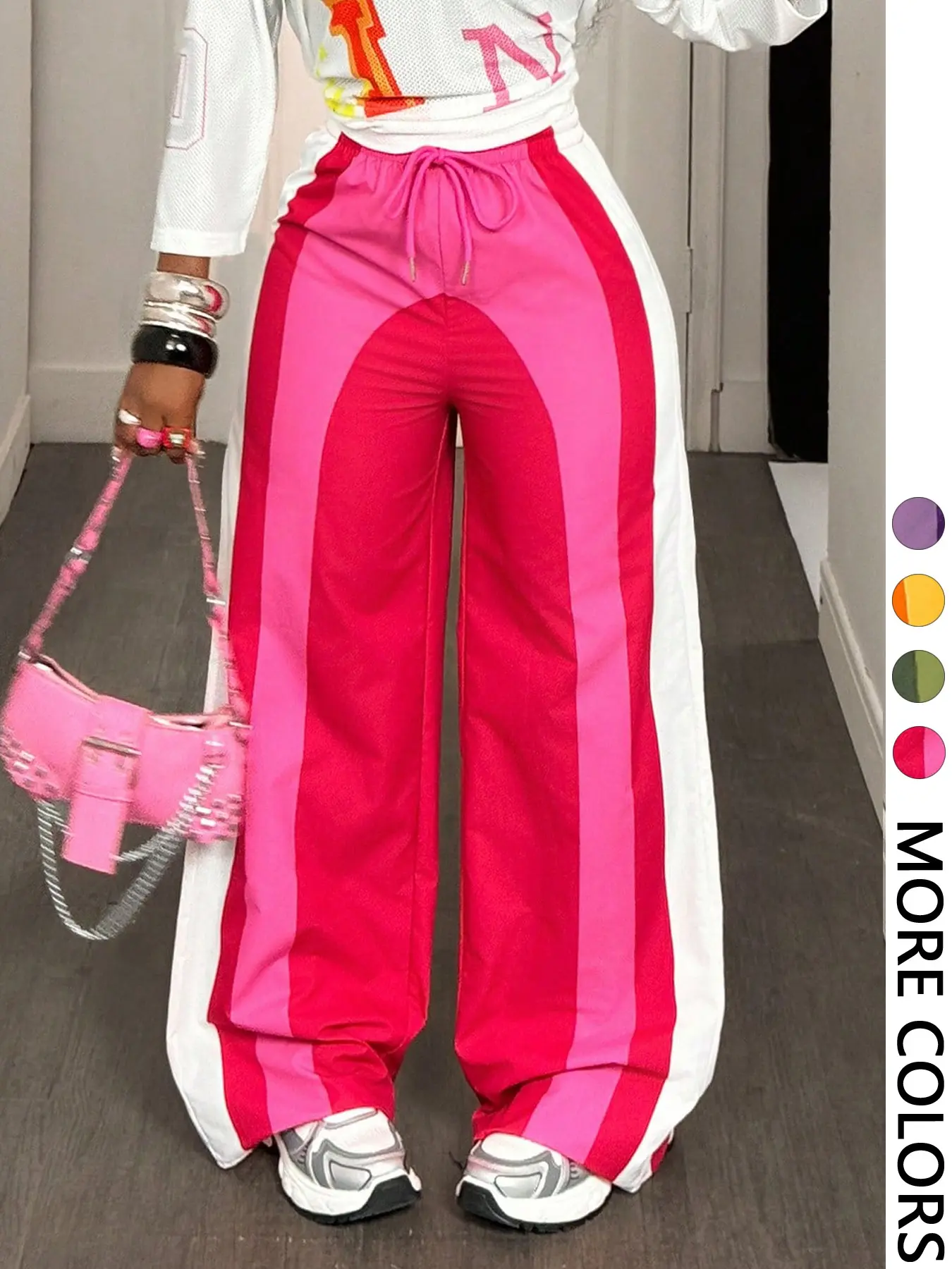 Valentine's Day Women's Colorblock Striped Wide Leg Casual Fashion Trousers Streetwear Pants, Comfortable & Trendy Patchwork Bottoms for Date Nights & Daily Wear
