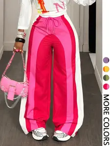 Valentine's Day Women's Colorblock Striped Wide Leg Casual Streetwear Pants, Comfortable & Trendy Patchwork Bottoms for Date Nights & Daily Wear