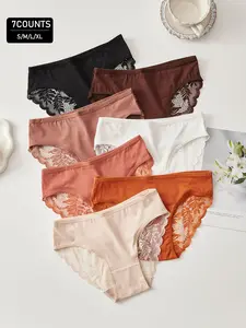 7-Pack Women's Sexy Lace Panties, High Elasticity Breathable Comfort, Solid Color Triangle Underwear, Ideal for Daily Wear, All Seasons