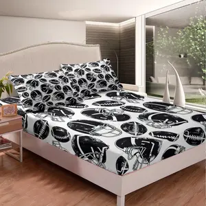 Feelyou Rugby Printed Bedding Set - Sports Theme Fitted Sheet, Decorative Football Pattern Covers, Black White Design, Twin Size/Full Size, Matches Bed Mattress