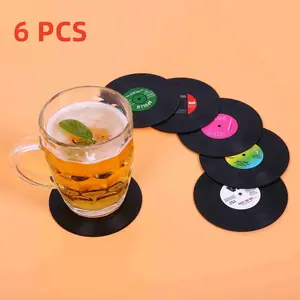 6-Pack Black Vinyl Record Coasters Beverage Coaster Stops Water Rings & Scratches Cool Retro Table Mat for Drinks - Party Essential