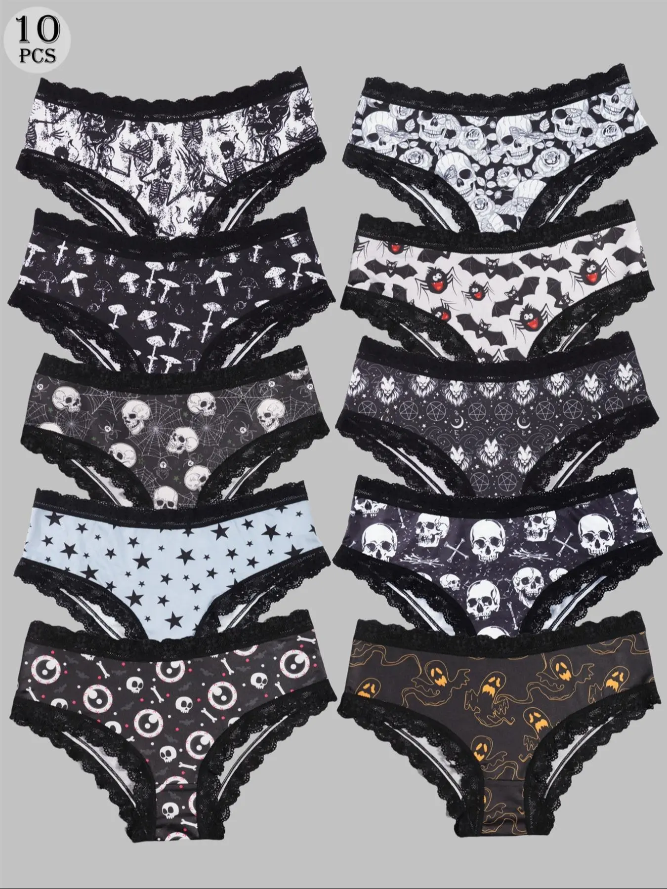 Morvia Women's Gothic Low Waist Edgy Bikini Set, Lace Contrast, Halloween Skull Eye Star Print, Comfortable Hippie Underwear, Bikinis Sets