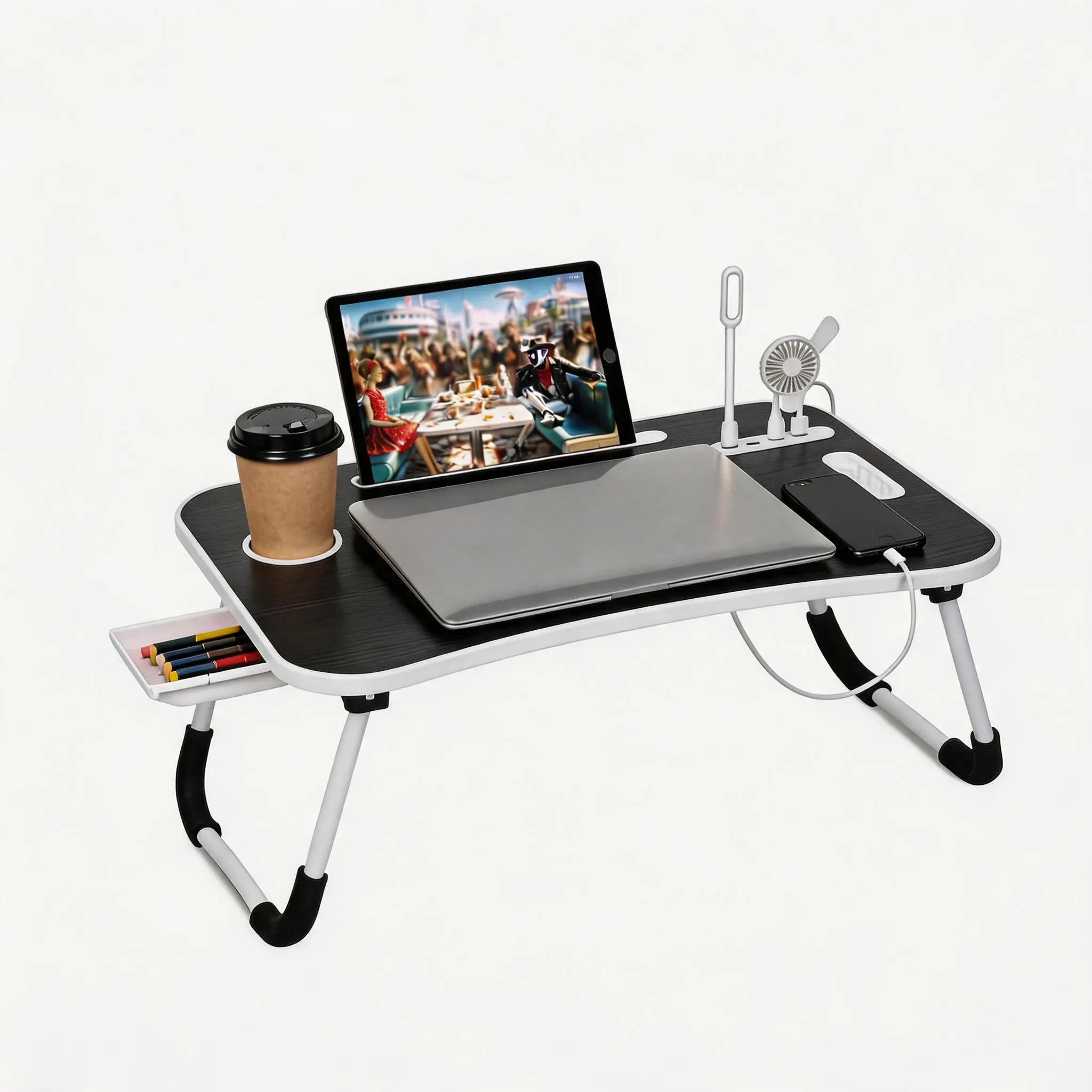 Lap Desk with Cup Holder, Foldable Laptop Table for Bed, Portable Bed Desk for Laptop and Writing, Computer Tray with Tablet Slot, Notebook Stand Reading Holder for Couch Sofa Floor