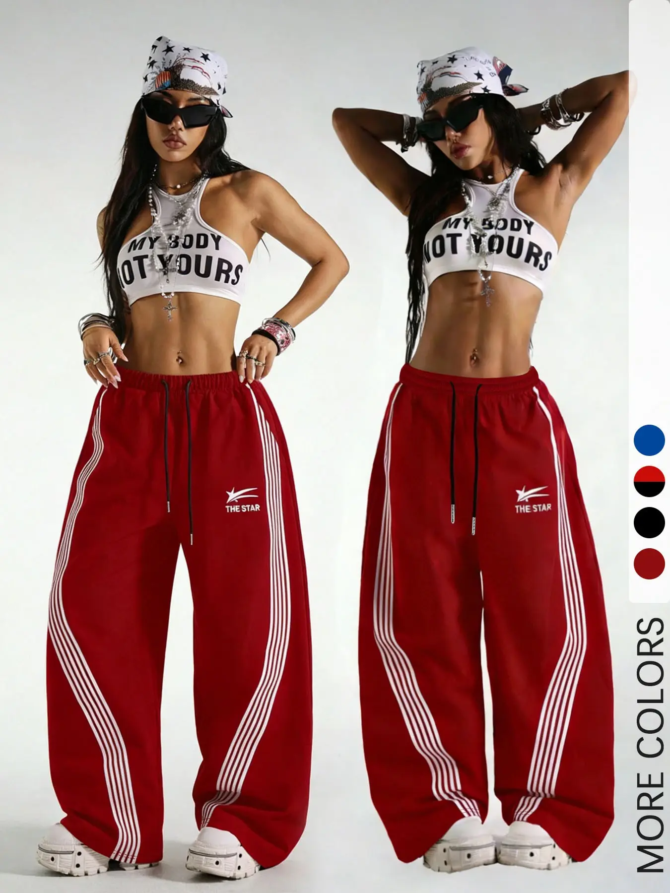 1 Pair Women‘s Red “THE STAR” Track Pants, Wide-Leg Athletic Style with White Side Stripes, Elastic Waist for Casual Wear, Gym and Yoga, Sport Pants, Casual Sports Trousers, Athleisure Casual Bottoms