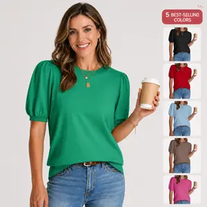 OFEEFAN Women's Puff Short Sleeve 2025 Spring Summer Sweater - Lightweight Knit Top - Business Casual Blouse, Soft & Breathable for Layering