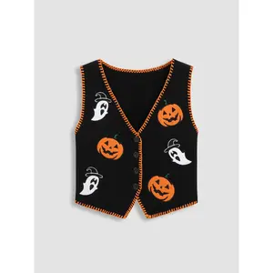 Cider [size 2-10] Knitted V-neck Pumpkin Ghost Contrasting Binding Vest