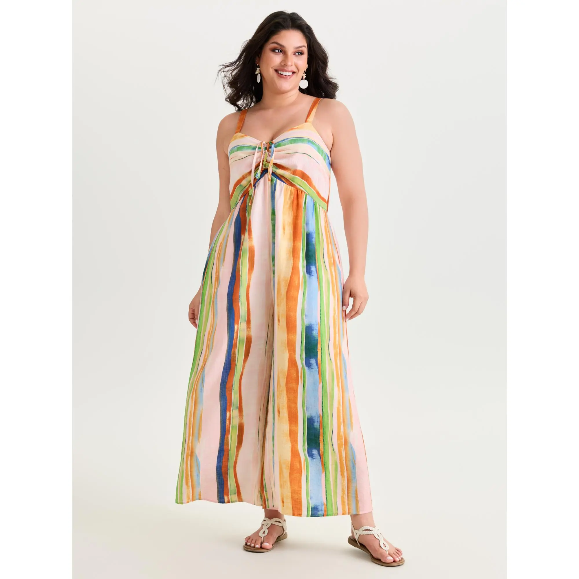 BloomChic Plus Size Bohemian Striped Jumpsuit, Multicolor Ruched Rayon Blend with a Comfortable Fit and Side Pocket, Fabric, Smooth, Low Iron, Polyester, Garment, Nylon, Comfortable Cut, Cold Wash, Do Not Tumble Dry, Regular Length, Stripes, Bohemian Wome