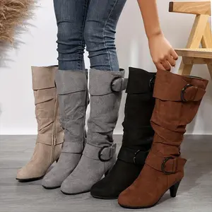 Women's Slouch Knee Boots, Strap Side Zipper Heeled Boots, Comfortable Suedette Long Boots