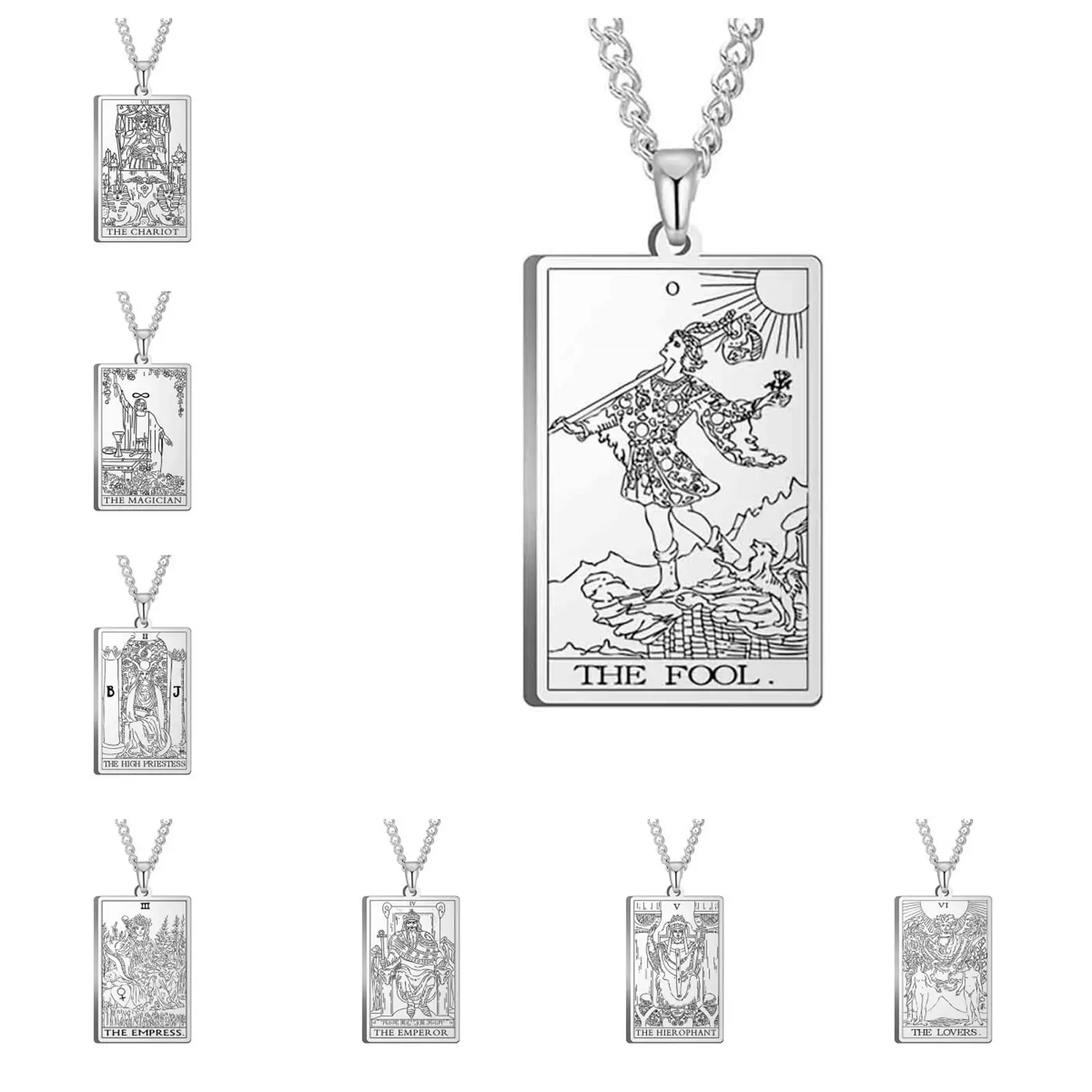 Titanium steel necklace silver tarot necklace square pendant necklace men and women daily wear gift