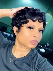 Short Pixie Wig for African Women, Synthetic Natural Looking Curly Pixie Cut Wig, Short Curly Wig (Natural Black)
