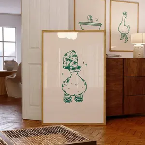 Vintage art | cool duck in slippers art print green | retro print | bathroom wall art | duck print | trendy decor | funky| Frameless Poster