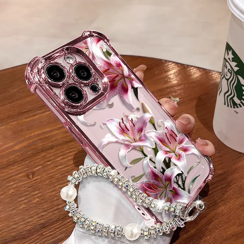 Pink Lily Design Smartphone Casing - Handheld Cellphone Case with Built-in Chrome Pink Frame, Drop Protection, Compatible with iPhone X/XS Max/11/12/13/14/15/16/17 Pro Max/14-16 Plus Devices, Accessories