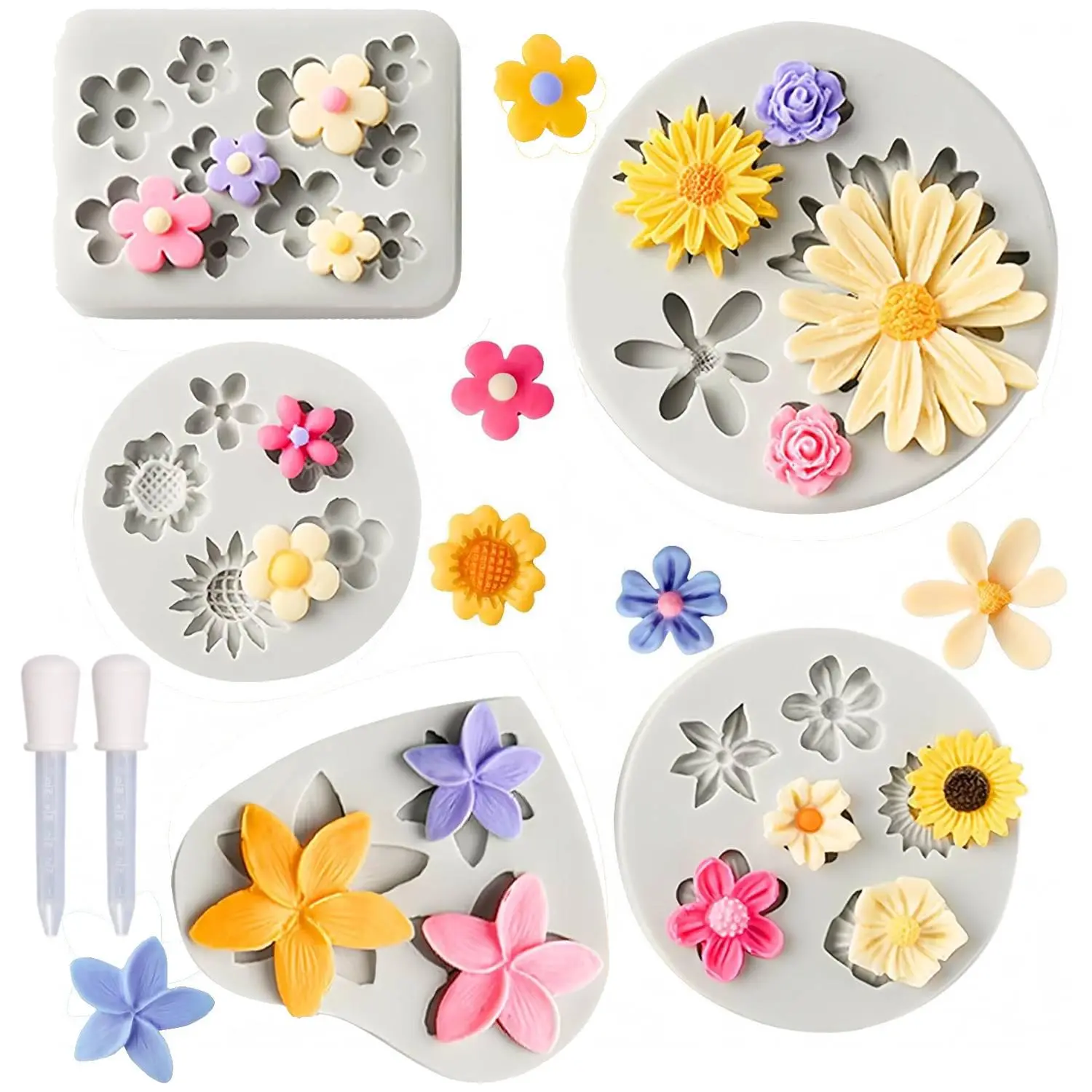 Flower Silicone Fondant Molds Set, 5 Pcs Assorted Daisy Sunflower Flower Molds plus 2 Liquid Droppers, Food‑Grade Non‑Stick Molds for Candy, Cake Pop, Cupcake Topper, Pastry & Cake Decoration