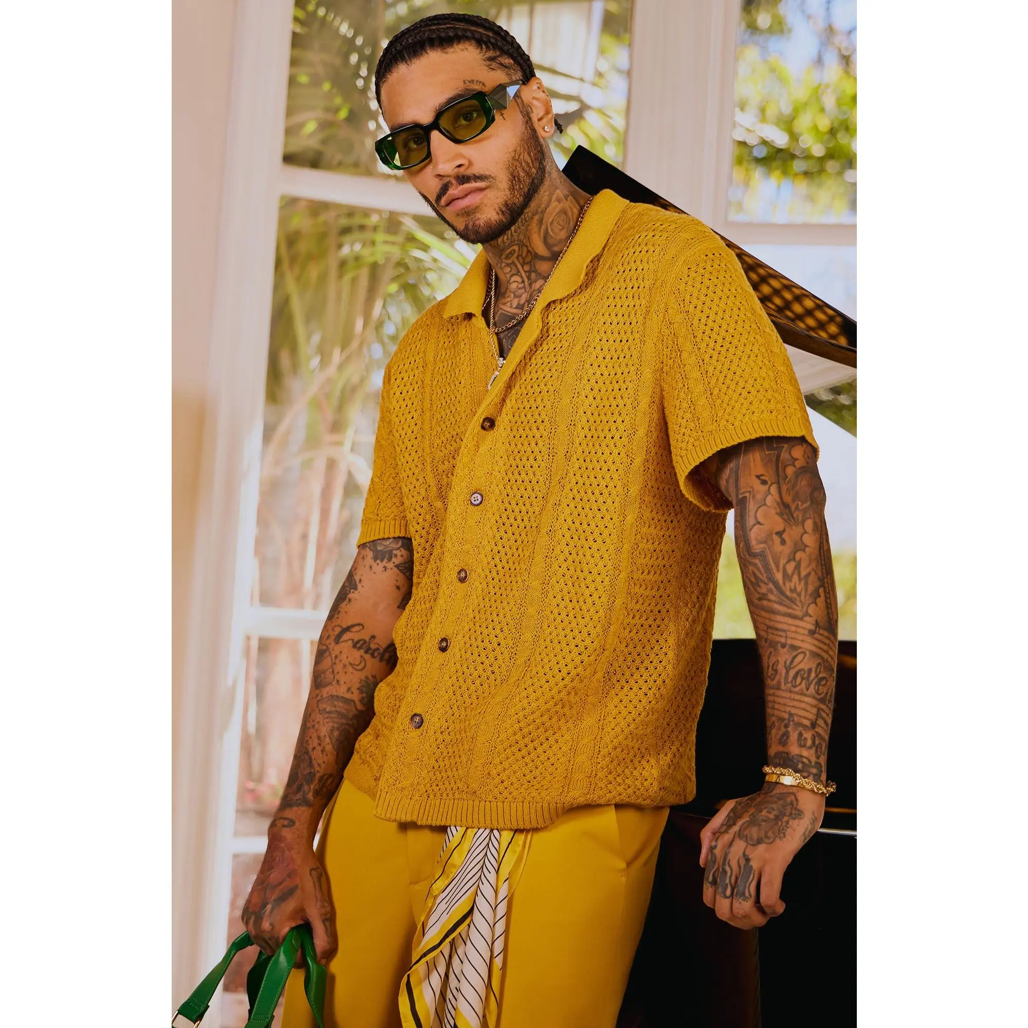 Unwind Cable Knit Short Sleeve Button Up - Mustard