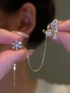 Fashion Trendy Rhinestone Butterfly Flower Ear Cuff Earrings, Non Piercing Earrings, Integrated Ear Line Design, Elegant Jewelry for Women
