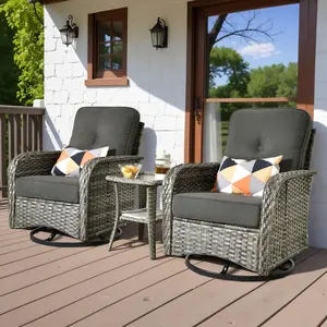 POUUIN Modern 3-Pieces Outdoor Bistro Conversation Set, All-Weather UV-Resistant Wicker High-Back Swivel Patio Chairs with Extra-Deep Seating and Side Table