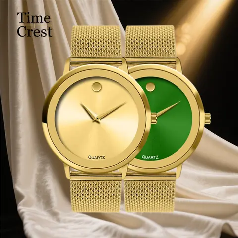 Unisex Minimalist Jeweled Analog Quartz Watch Set - 42mm Circular Dial, Alloy Band, 24-Month Service, 30M - 50M Military Waterproof Stainless Steel, Gold-Plated Iced Out Design, Buckle Closure, Suitable for Business & Daily Wear