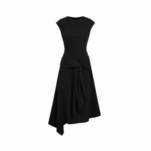 Cider Round Neck Belted Asymmetrical Hem Midi Dress