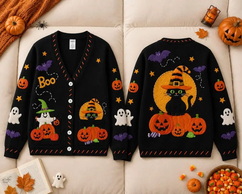 Halloween Cardigan, Vintage Halloween Sweater, Pumpkin Ghost Cardigan, Halloween Knit Sweater, Retro Fall Cardigan, Cozy Fall Sweater Gift