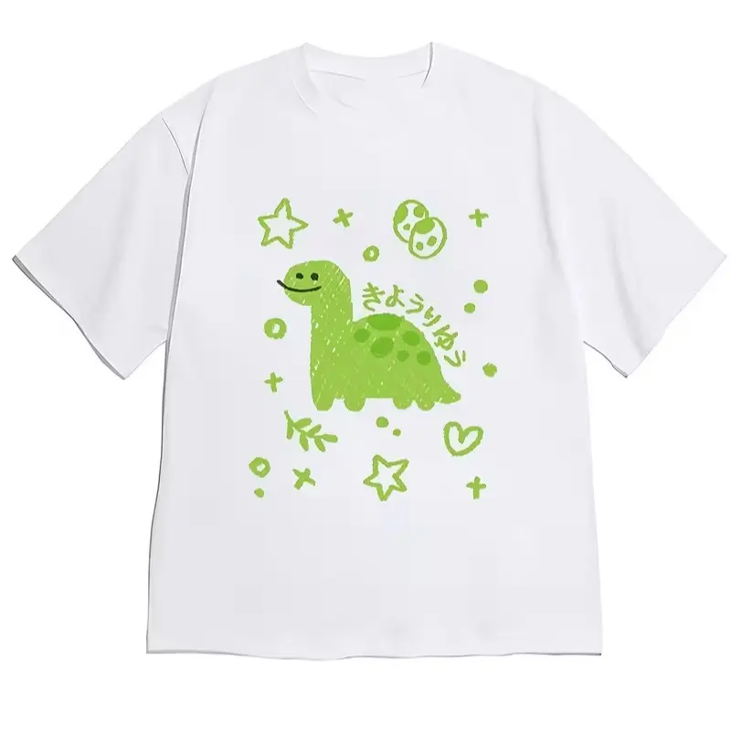 Cute Green Doodle Dinosaur Graphic T Shirt Japanese Kyoryu Print Casual Crewneck Short Sleeve Unisex Tee