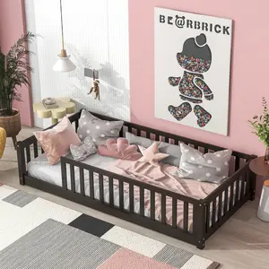 Twin Size Floor Bed Frame with Fence without Door, Wood Montessori Floor Bed, Twin Floor Bed with Safety Guardrails and Slats, for Girls Boys, Espresso