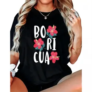 180g Printed Round Neck Short Sleeve T-Shirt Boricua Flowers Latina Puerto Rican Girl Puerto Rico Woman T-Shirt