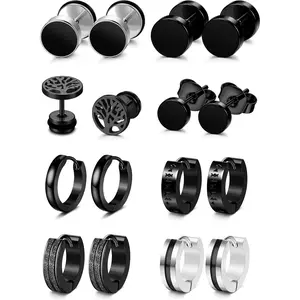 MILACOLATO 8 Pairs Mens Earrings Black Earrings for Men Stainless Steel Hypoallergenic Ear Piercing Black Hoop Earrings for Men Boys