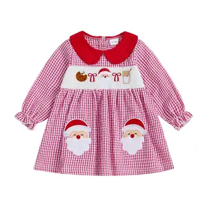 Toddler Baby Girls Plaid Dress Christmas Doll Collar Santa Embroidery Long Bubble Sleeve Dress Fall Winter 6M-5T