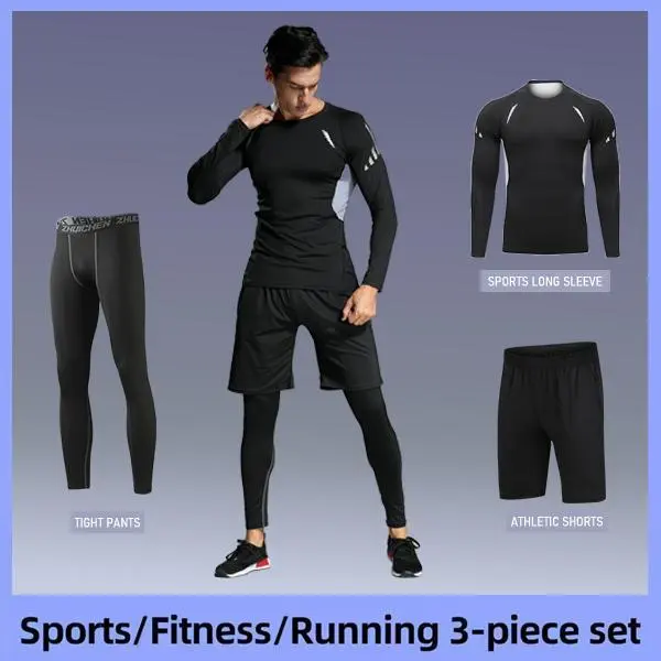 3-Piece Men's Compression Tracksuit Set, All-Season Quick Dry Tight Fit Training Outfit, Breathable Athletic Sportswear for Gym, Running, Jogging & Outdoor Activities