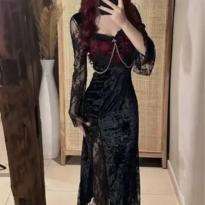Women’s Summer Gothic Grunge Y2K Lace Dress – Dark Academia, Sexy Slim Fit, Party/Festival Style, Korean Fashion Design, Long Formal (Prom) Dress