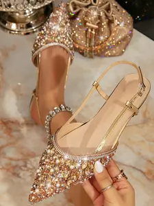 Women's Pointed Toe Slip-On Rhinestone Ballet Flats, Elegant Rhinestone Studded Mules, Soft Rubber Sole, Perfect for Weddings & Vacations