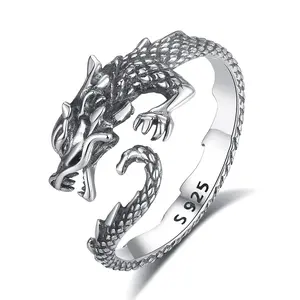 925 Vintage Sterling Silver Dragon Adjustable Ring, Punk Gothic Norse Viking Jewerly, Cool Animal Design, Special Gift for Him & Her